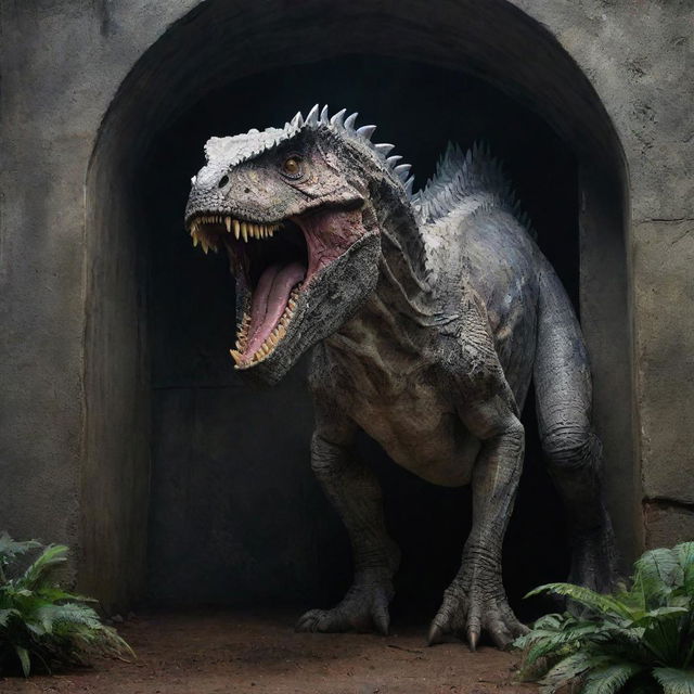 A striking image of the formidable Indominus Rex contained within high, massive walls, showcasing the scale and power of both the beast and its enclosure.