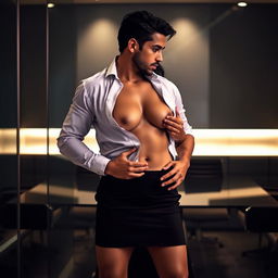 Sensual portrayal of Ruhi Singh wearing a fashionable short skirt, caught in an intimate moment of desire