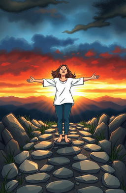 An illustration of a woman standing on a rocky pathway, with her arms wide open, embodying a sense of acceptance of life's events