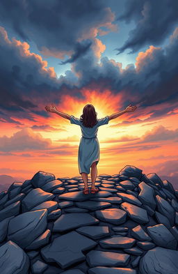 An illustration of a woman standing on a rocky pathway, with her arms wide open, embodying a sense of acceptance of life's events