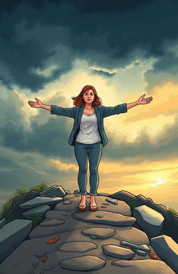 An illustration of a woman standing on a rocky pathway, with her arms wide open, embodying a sense of acceptance of life's events