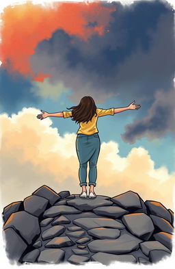An illustration of a woman standing on a rocky pathway, with her arms wide open, embodying a sense of acceptance of life's events