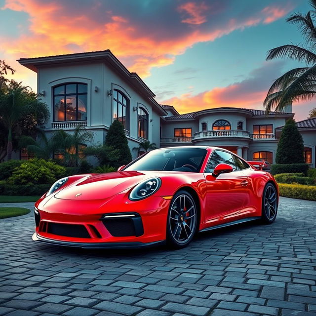 A sleek and modern Porsche sports car parked in front of a luxurious mansion with a breathtaking sunset in the background