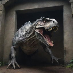 A striking image of the formidable Indominus Rex contained within high, massive walls, showcasing the scale and power of both the beast and its enclosure.