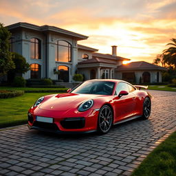 A sleek and modern Porsche sports car parked in front of a luxurious mansion with a breathtaking sunset in the background