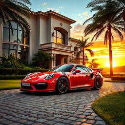 A sleek and modern Porsche sports car parked in front of a luxurious mansion with a breathtaking sunset in the background