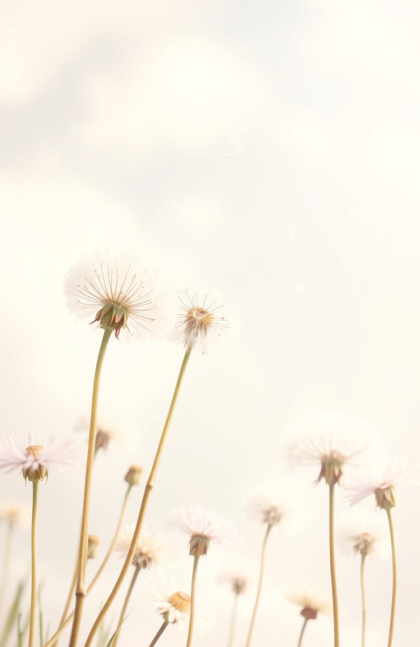 A soft and dreamy scene of dandelion flowers gently raining down in a pastel color palette, featuring delicate hues of light pink, lavender, and soft yellow