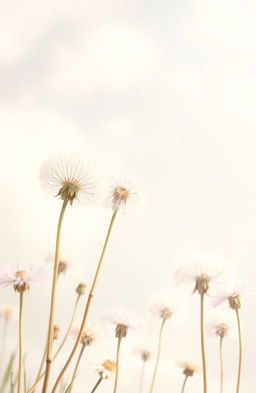 A soft and dreamy scene of dandelion flowers gently raining down in a pastel color palette, featuring delicate hues of light pink, lavender, and soft yellow