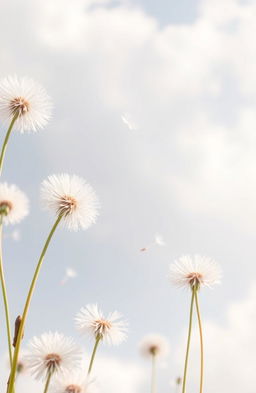 A soft and dreamy scene of dandelion flowers gently raining down in a pastel color palette, featuring delicate hues of light pink, lavender, and soft yellow
