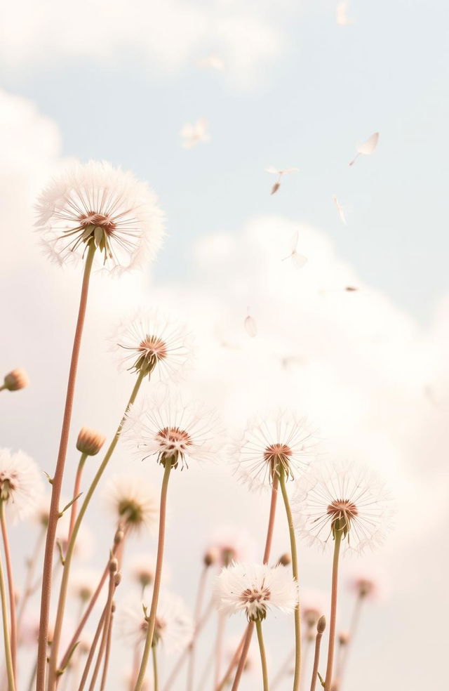 A soft and dreamy scene of dandelion flowers gently raining down in a pastel color palette, featuring delicate hues of light pink, lavender, and soft yellow