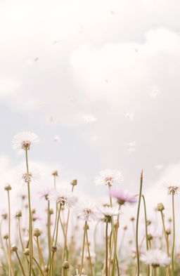 A soft and dreamy scene of dandelion flowers gently raining down in a pastel color palette, featuring delicate hues of light pink, lavender, and soft yellow