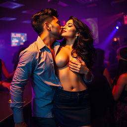 Sensual portrayal of Ruhi Singh in a stylish short skirt, captured in an enticing moment at a vibrant dance club