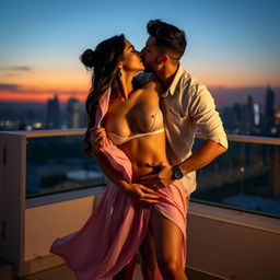 Sensual portrayal of Ruhi Singh in a flowing short skirt, captured in a steamy moment on a rooftop terrace