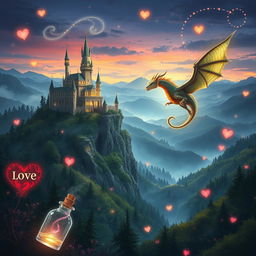 An enchanting book cover design for a magical fantasy novel, showcasing a mystical landscape filled with lush forests and rolling hills under a twilight sky