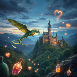 An enchanting book cover design for a magical fantasy novel, showcasing a mystical landscape filled with lush forests and rolling hills under a twilight sky