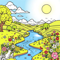 A captivating coloring book page featuring a serene landscape with rolling hills, a calm river flowing through the middle, surrounded by lush trees and vibrant flowers in full bloom