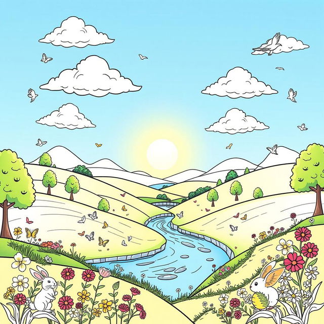 A captivating coloring book page featuring a serene landscape with rolling hills, a calm river flowing through the middle, surrounded by lush trees and vibrant flowers in full bloom