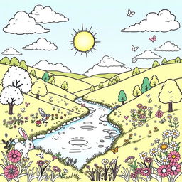 A captivating coloring book page featuring a serene landscape with rolling hills, a calm river flowing through the middle, surrounded by lush trees and vibrant flowers in full bloom