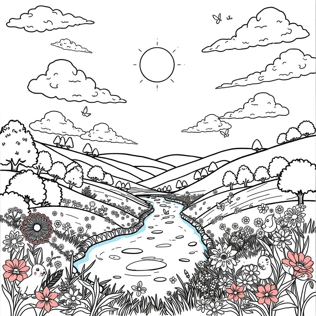 A captivating coloring book page featuring a serene landscape with rolling hills, a calm river flowing through the middle, surrounded by lush trees and vibrant flowers in full bloom