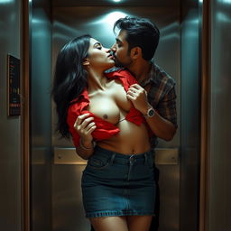 Sensual portrayal of Ruhi Singh in a trendy short denim skirt, captured in an intimate moment inside a lift