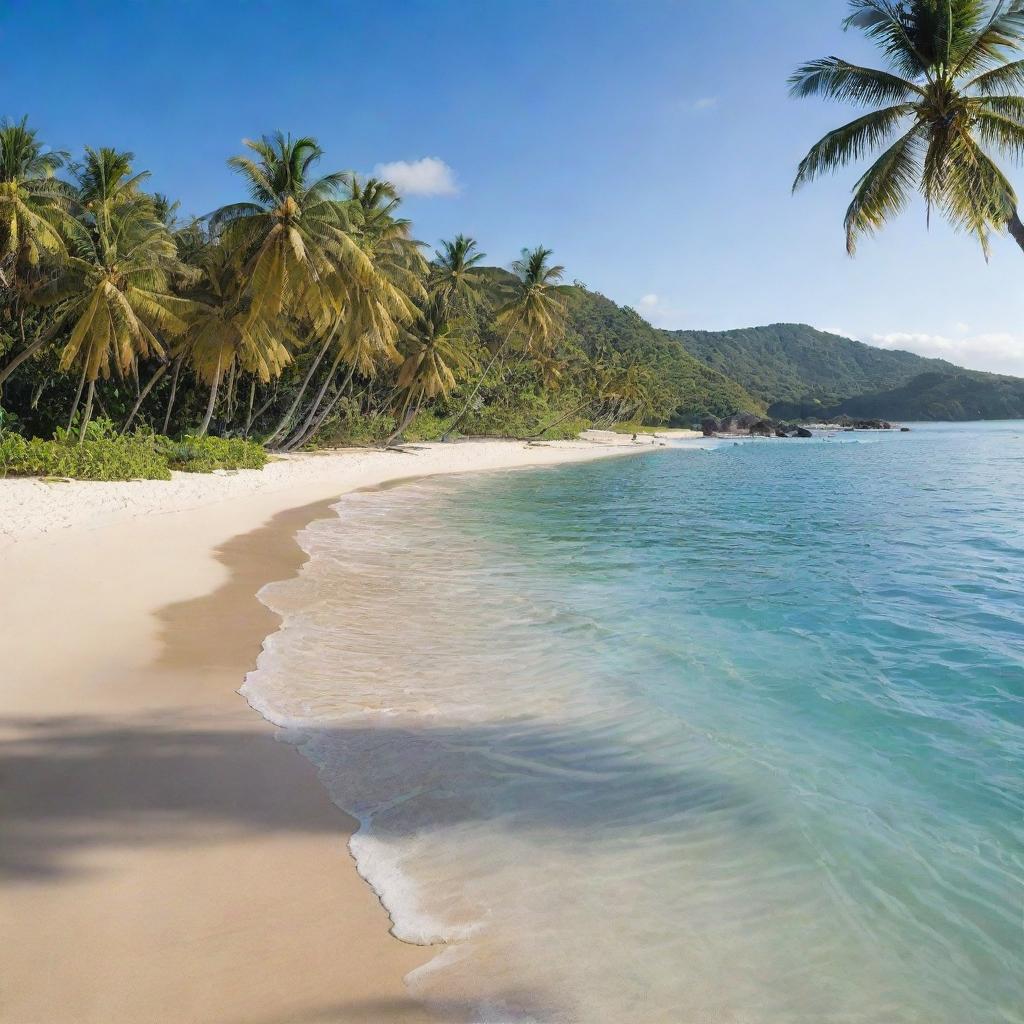 A serene and beautiful tropical island surrounded by pristine blue ocean waters, lush green palm trees swaying gently in the breeze, and a golden sandy beach bathed in sunlight.