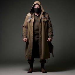 A Hollywood-style kidnapper commander enveloped in an ankle-length coat, wearing an underlying bullet-proof vest and additional ankle-length jacket for a powerfully imposing figure.