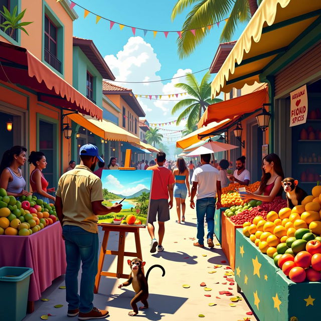 A vibrant urban scene showcasing a lively marketplace filled with colorful stalls selling various exotic fruits and spices