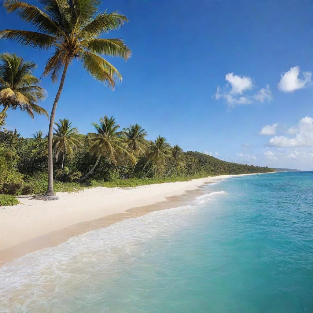 A serene and beautiful tropical island surrounded by pristine blue ocean waters, lush green palm trees swaying gently in the breeze, and a golden sandy beach bathed in sunlight.