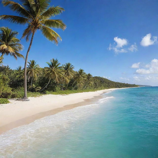 A serene and beautiful tropical island surrounded by pristine blue ocean waters, lush green palm trees swaying gently in the breeze, and a golden sandy beach bathed in sunlight.