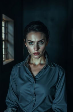 A woman with a look of determination on her face, standing in a dimly lit room that suggests a confined space, expressing her inner strength and resilience despite being in a controlling situation