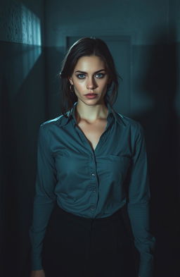 A woman with a look of determination on her face, standing in a dimly lit room that suggests a confined space, expressing her inner strength and resilience despite being in a controlling situation