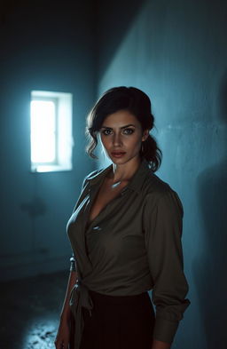 A woman with a look of determination on her face, standing in a dimly lit room that suggests a confined space, expressing her inner strength and resilience despite being in a controlling situation