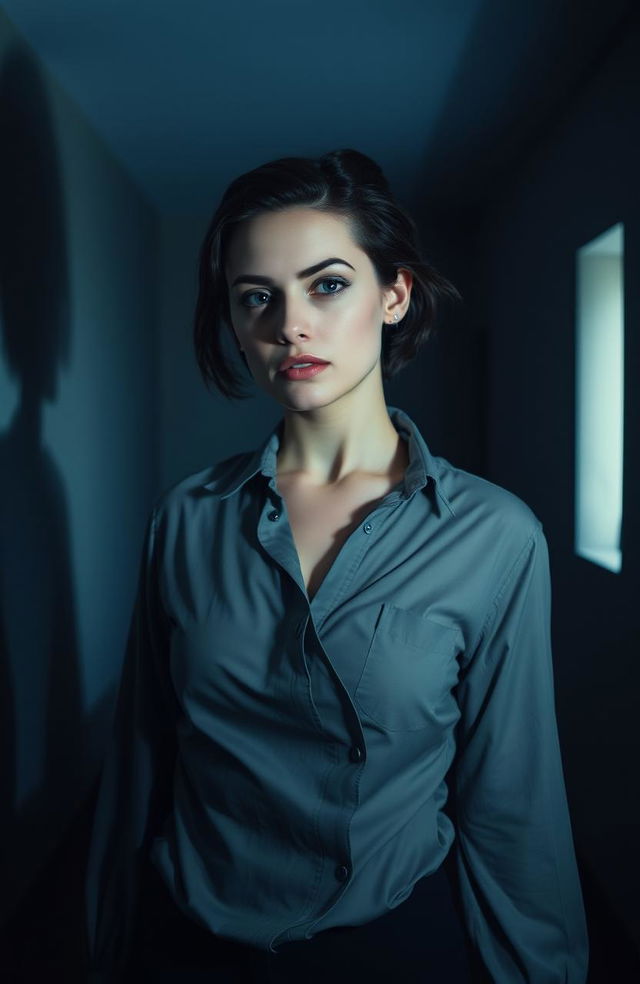 A woman with a look of determination on her face, standing in a dimly lit room that suggests a confined space, expressing her inner strength and resilience despite being in a controlling situation