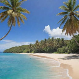 A serene and beautiful tropical island surrounded by pristine blue ocean waters, lush green palm trees swaying gently in the breeze, and a golden sandy beach bathed in sunlight.