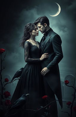 A dramatic and emotional scene capturing a couple standing together in a shadowy, ethereal environment that symbolizes love and death