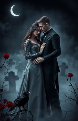 A dramatic and emotional scene capturing a couple standing together in a shadowy, ethereal environment that symbolizes love and death