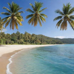 A serene and beautiful tropical island surrounded by pristine blue ocean waters, lush green palm trees swaying gently in the breeze, and a golden sandy beach bathed in sunlight.