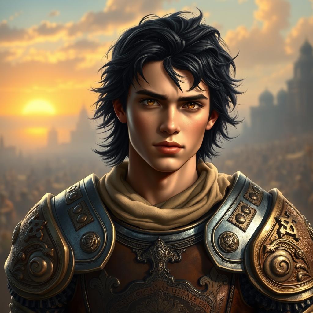 A realistic depiction of a young, teenage knight captain inspired by Alexander the Great, featuring striking black hair