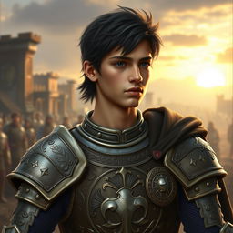 A realistic depiction of a young, teenage knight captain inspired by Alexander the Great, featuring striking black hair