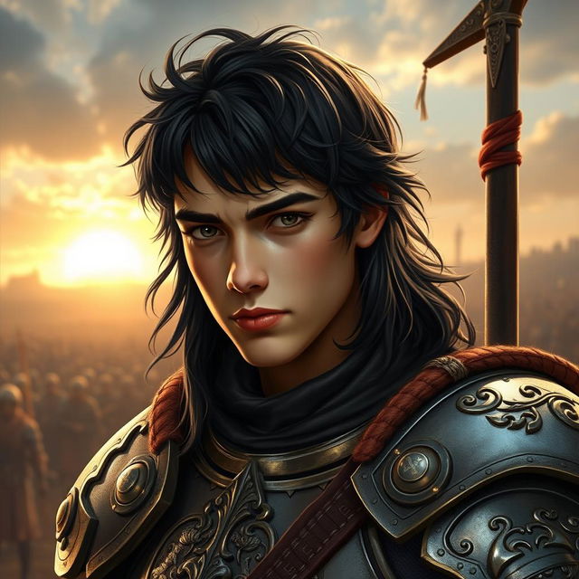 A realistic depiction of a young, teenage knight captain inspired by Alexander the Great, featuring striking black hair