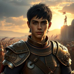 A realistic depiction of a young, teenage knight captain inspired by Alexander the Great, featuring striking black hair