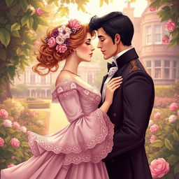 An enchanting historical romance book cover design featuring a couple deeply in love