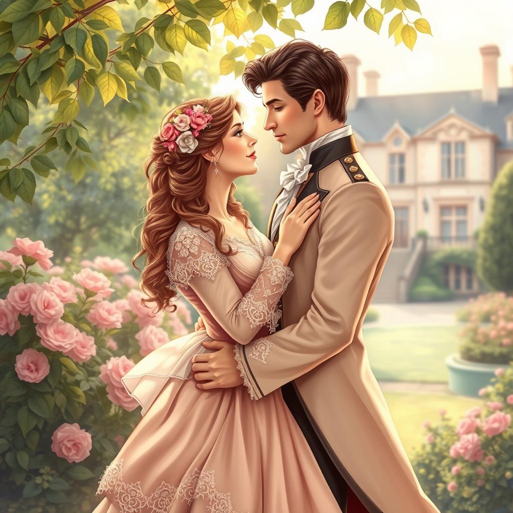 An enchanting historical romance book cover design featuring a couple deeply in love