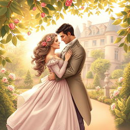 An enchanting historical romance book cover design featuring a couple deeply in love