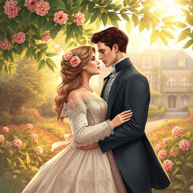 An enchanting historical romance book cover design featuring a couple deeply in love