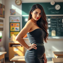 A beautiful and sexy Russian teacher standing in a classroom, showcasing her hourglass body and voluptuous figure, wearing a stylish yet professional outfit that accentuates her curves