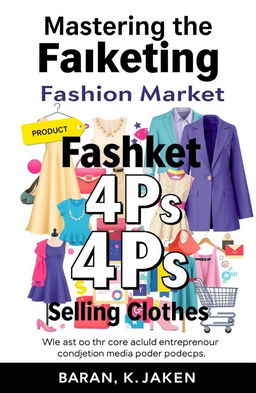 A beautifully designed book cover for a marketing book, focusing on the marketing mix (4Ps) of selling clothes