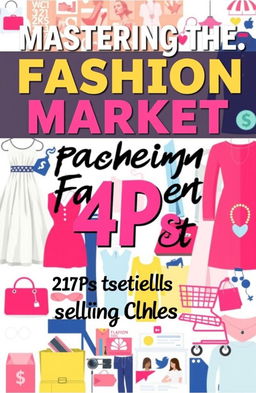 A beautifully designed book cover for a marketing book, focusing on the marketing mix (4Ps) of selling clothes