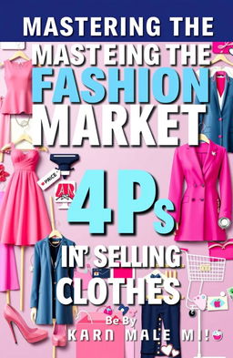 A beautifully designed book cover for a marketing book, focusing on the marketing mix (4Ps) of selling clothes