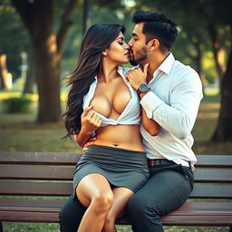Sensual portrayal of Ruhi Singh in a stylish short skirt, captured in a romantic moment on a park bench